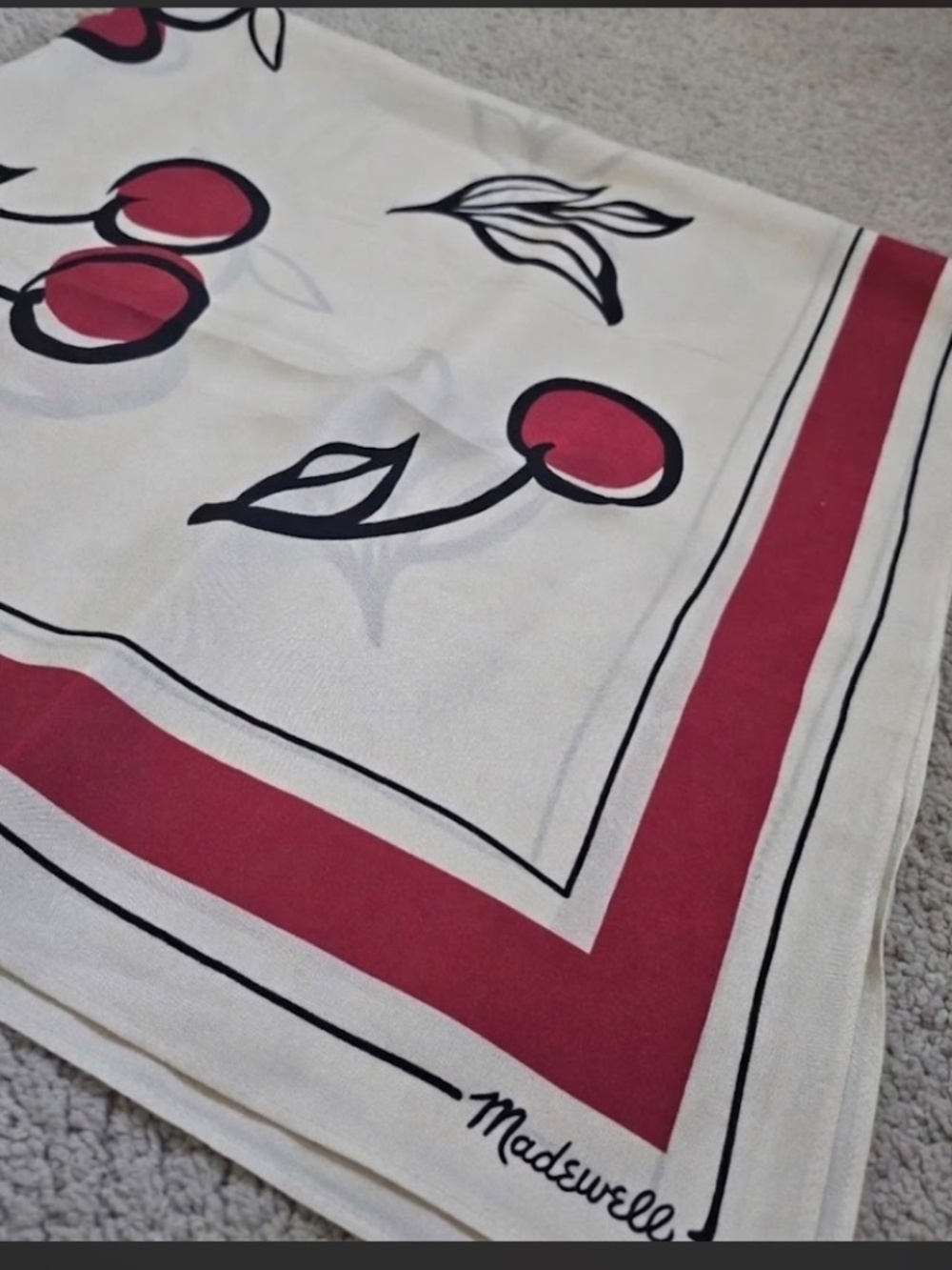 Madewell Cherry Print Silk Bandana Scarf NWT 100% Silk Red Ivory Sold Out - Picture 4 of 5